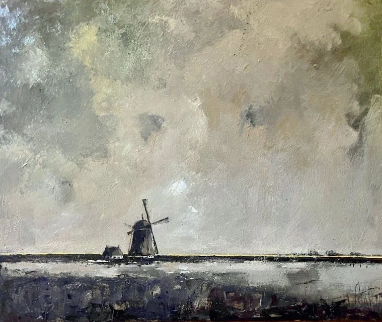 Schilderij van een molen in het vlakke land, van Evert van Hemert